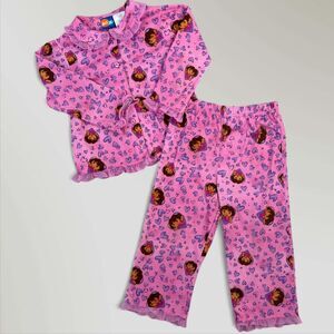 Dora the Explorer Pajama Set Shirt Pants Kids Pink Fleece Nickelodeon Y2K Sz 4T